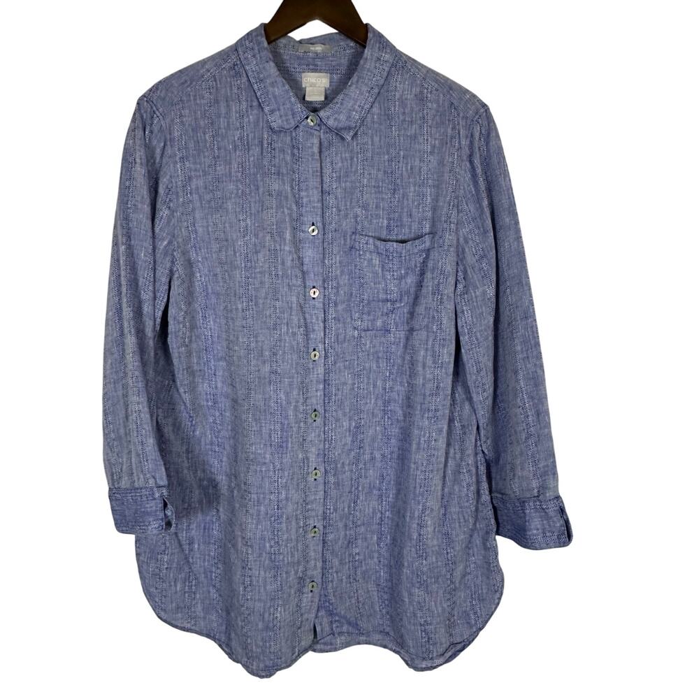 Chico's Blue 3/4 Sleeve Linen Button Up Tunic Sz 3 US‎ XL Beachy Coastal Office